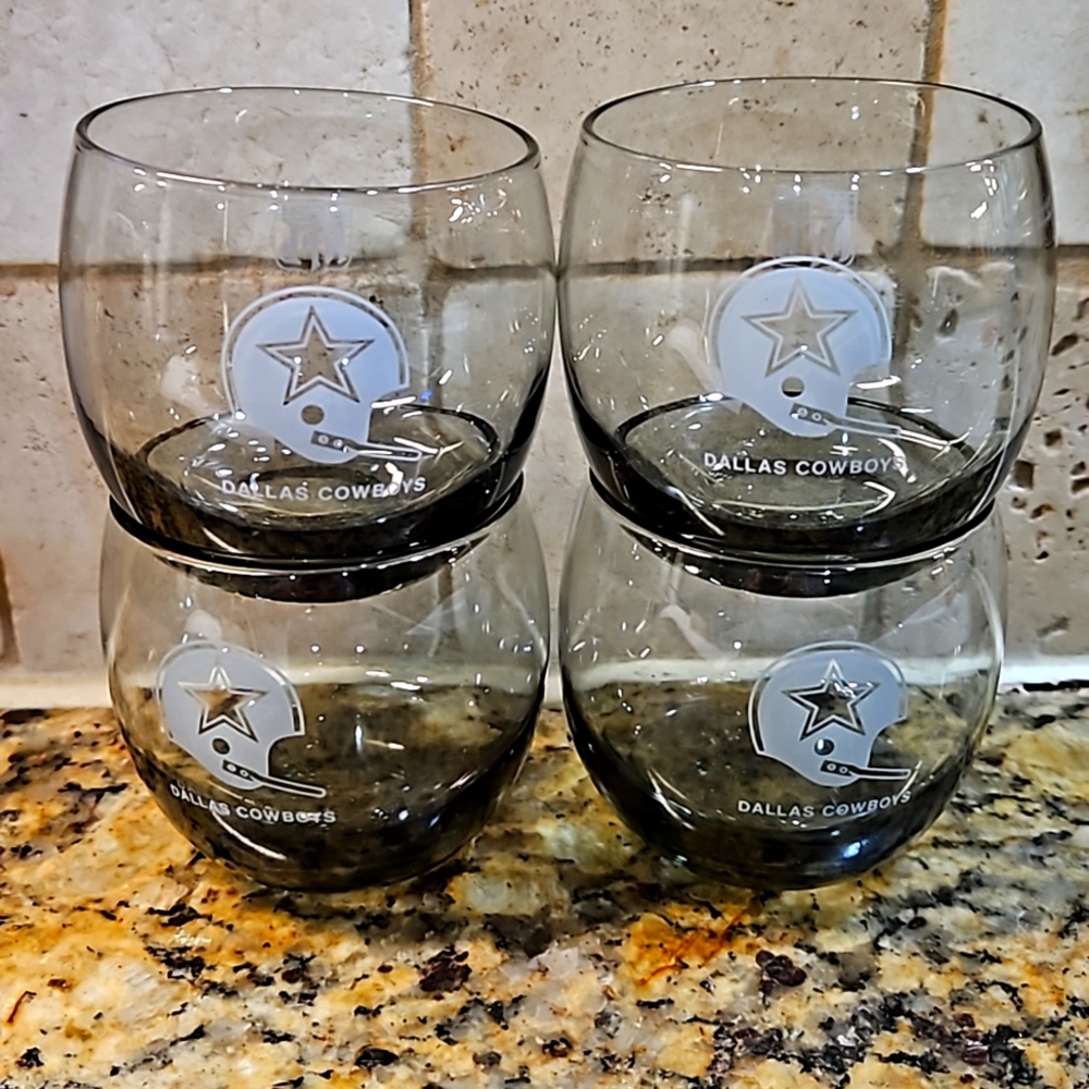 NFL DALLAS COWBOYS SMOKEY ROLY POLY HIGHBALL SET 4 GLASSES VINTAGE 1970s